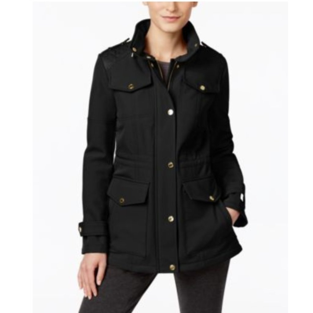 Michael Kors Faux Leather Trim, Zip Front Walker Jacket, Black | Size Medium